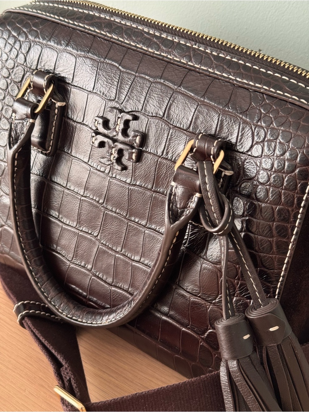 Tory Burch Dark Mahogany Thea Crocodile Embossed Web Small Satchel - Picture 6 of 12